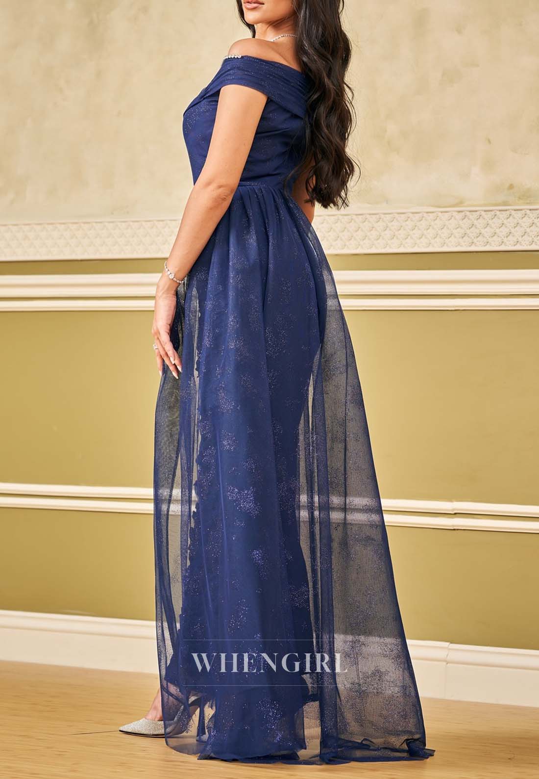 Navy Off Shoulder Sheath Evening Dress Pleared Sleeveless V Neck Formal Dress