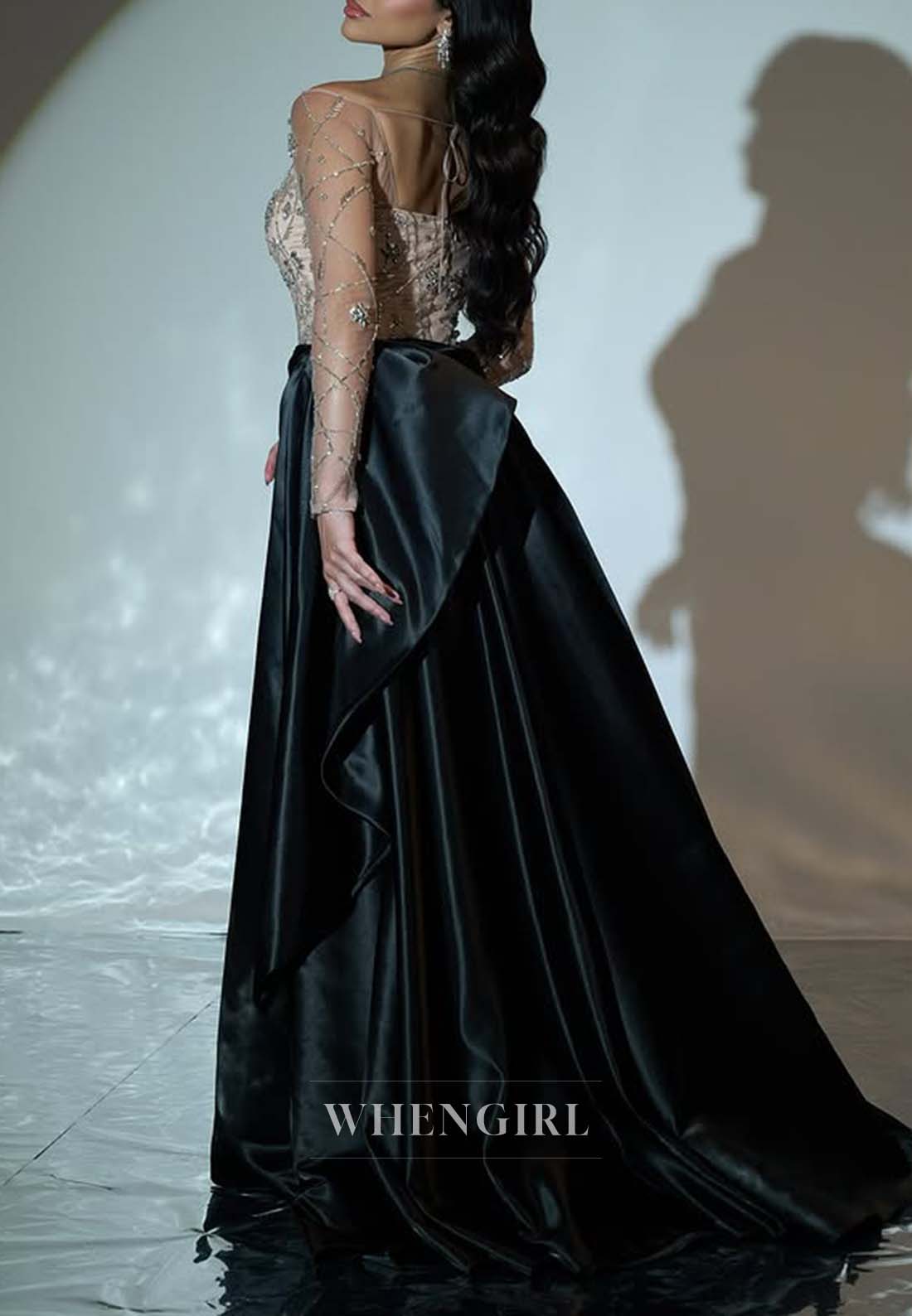 Beaded Pleated Sweep Train Evening Dress Sweetheart Long Illusion Sleeves Sheath Formal Gown
