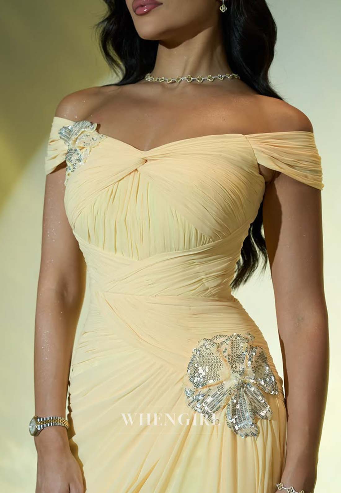 Yellow off Shoulder Formal Dress Beaded Pleated Sheath Evening Gown