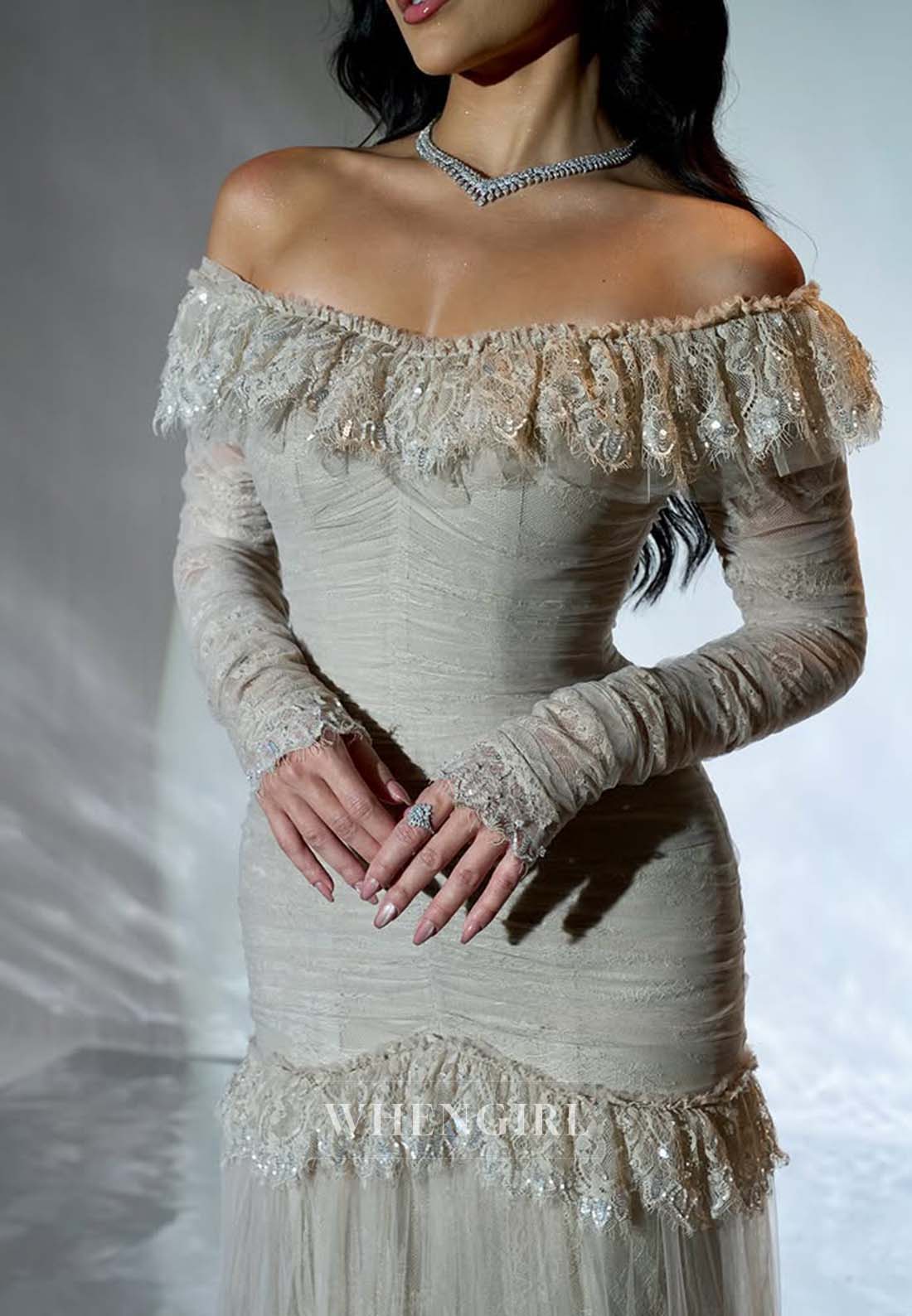 Agave Green Off Shoulder Long Sleeves Sheath Formal Dress Lace Sweep Train Evening Gown