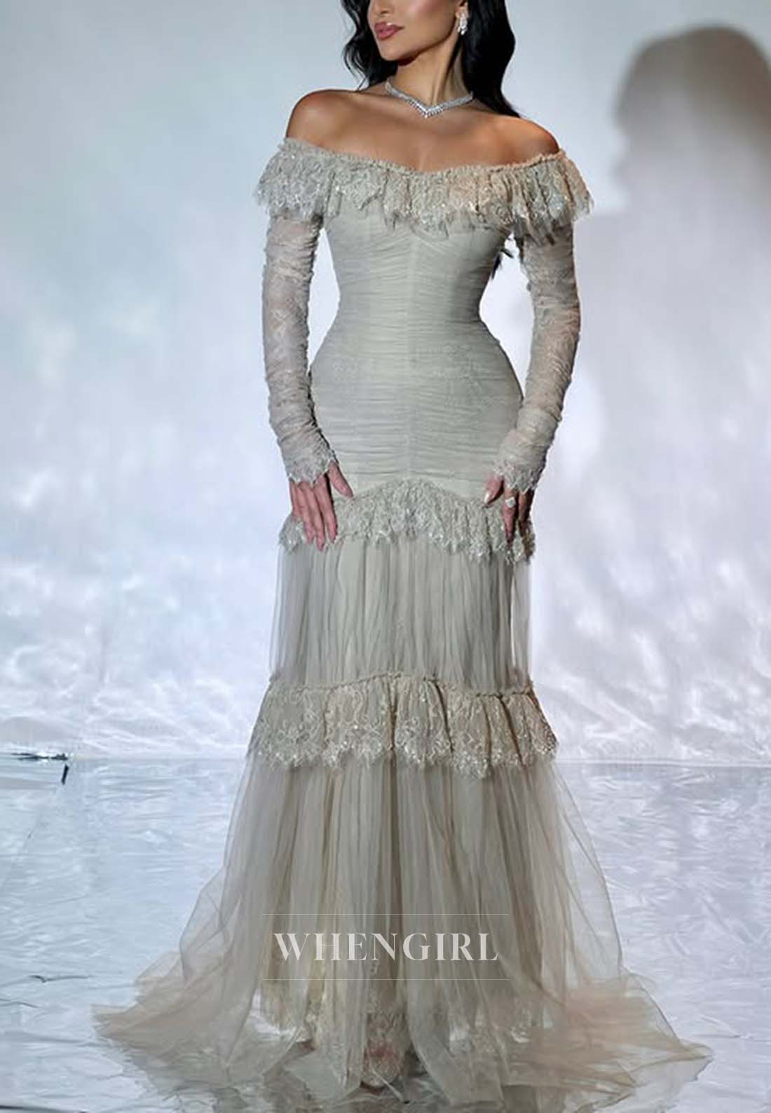 Agave Green Off Shoulder Long Sleeves Sheath Formal Dress Lace Sweep Train Evening Gown