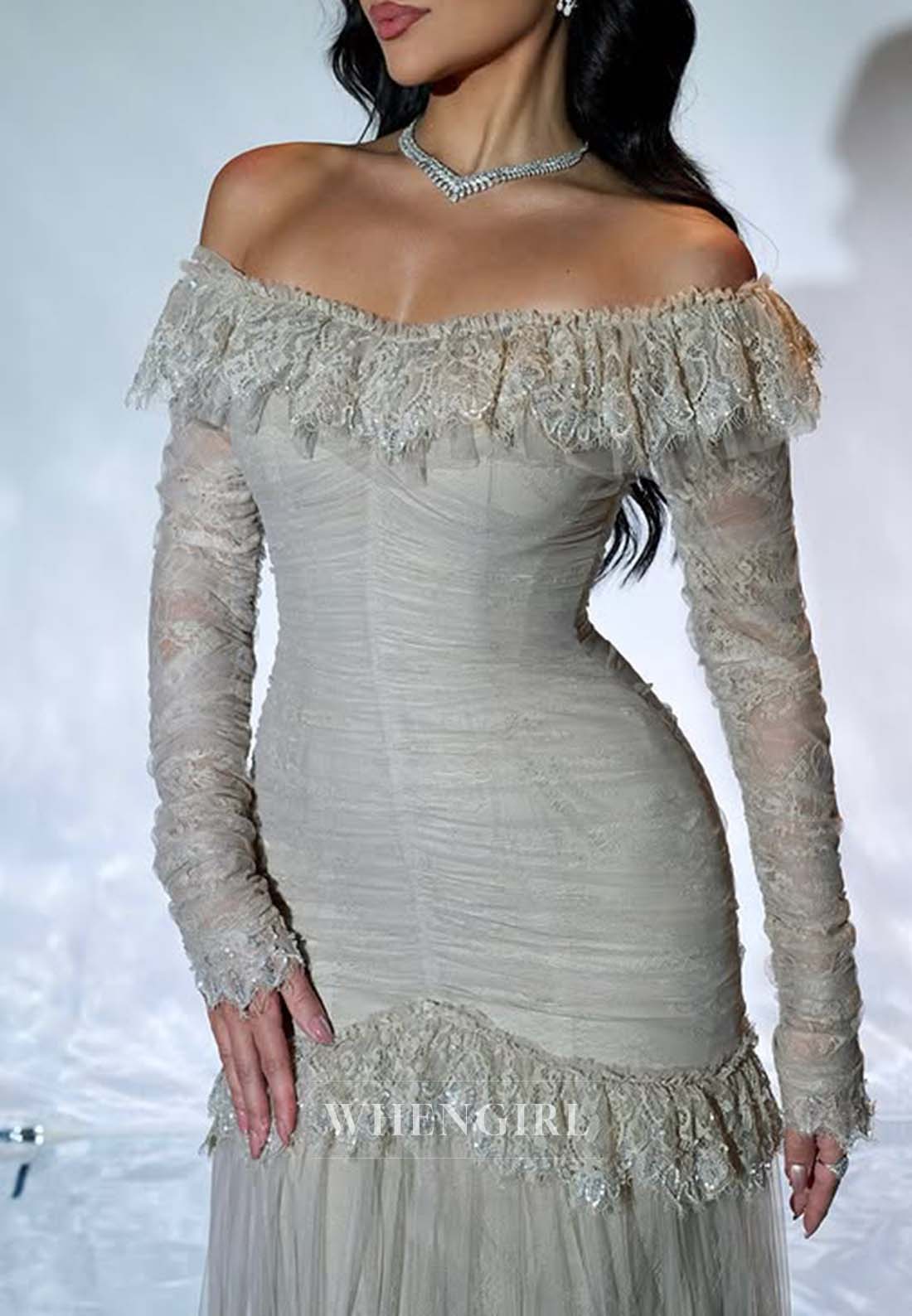 Agave Green Off Shoulder Long Sleeves Sheath Formal Dress Lace Sweep Train Evening Gown