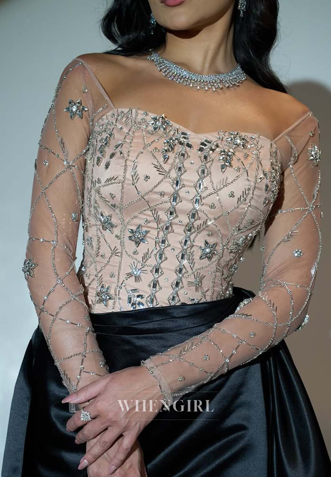 Beaded Pleated Sweep Train Evening Dress Sweetheart Long Illusion Sleeves Sheath Formal Gown