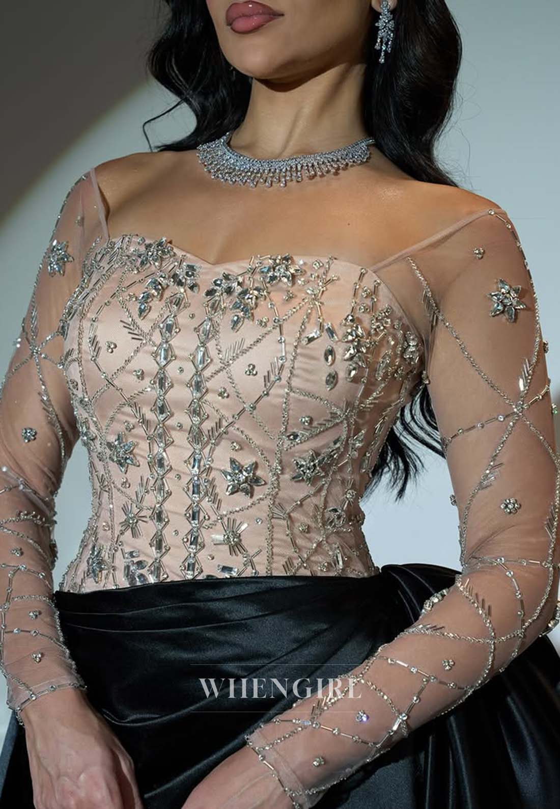 Beaded Pleated Sweep Train Evening Dress Sweetheart Long Illusion Sleeves Sheath Formal Gown