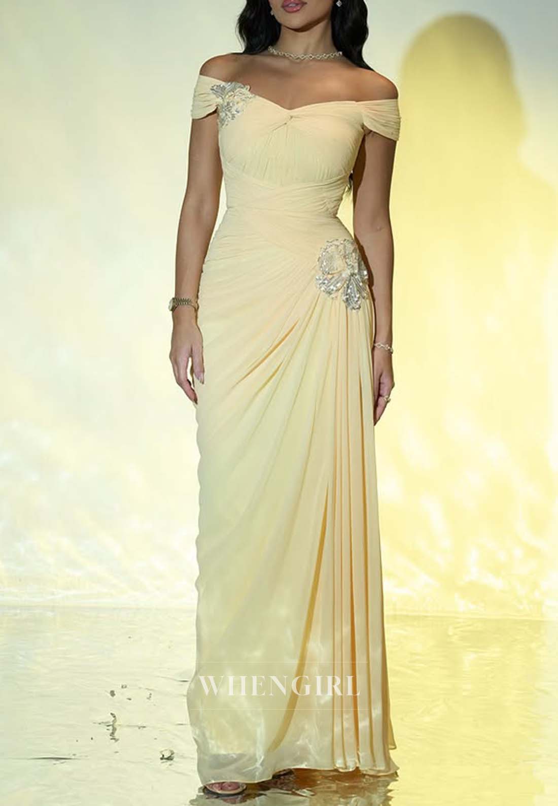 Yellow off Shoulder Formal Dress Beaded Pleated Sheath Evening Gown