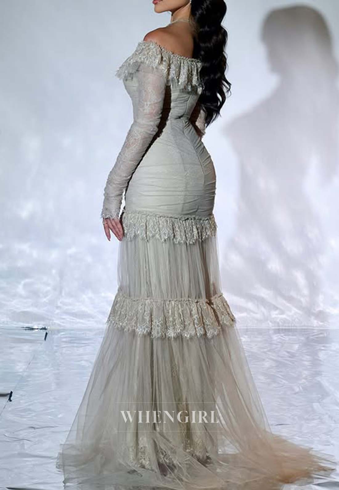 Agave Green Off Shoulder Long Sleeves Sheath Formal Dress Lace Sweep Train Evening Gown