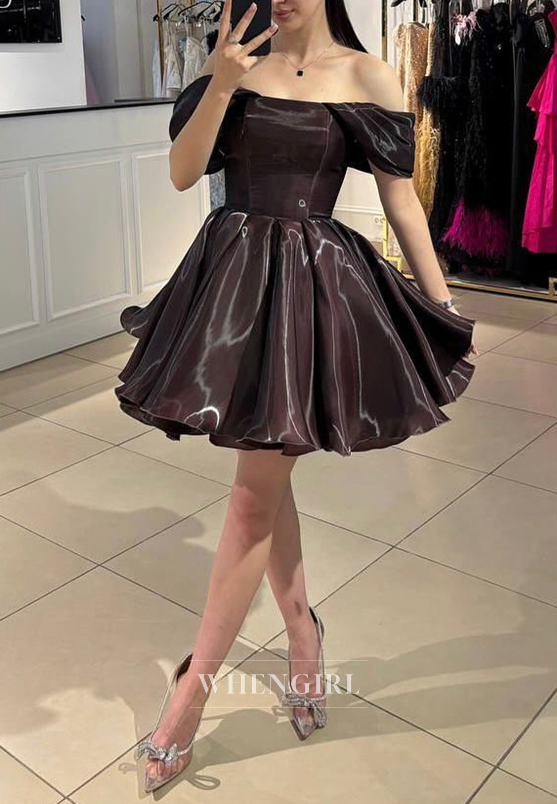 Chocolate Off Shoulder Sleeveless A-Line Short Homecoming Dress