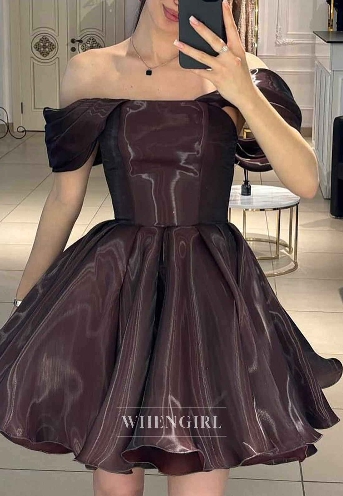 Chocolate Off Shoulder Sleeveless A-Line Short Homecoming Dress
