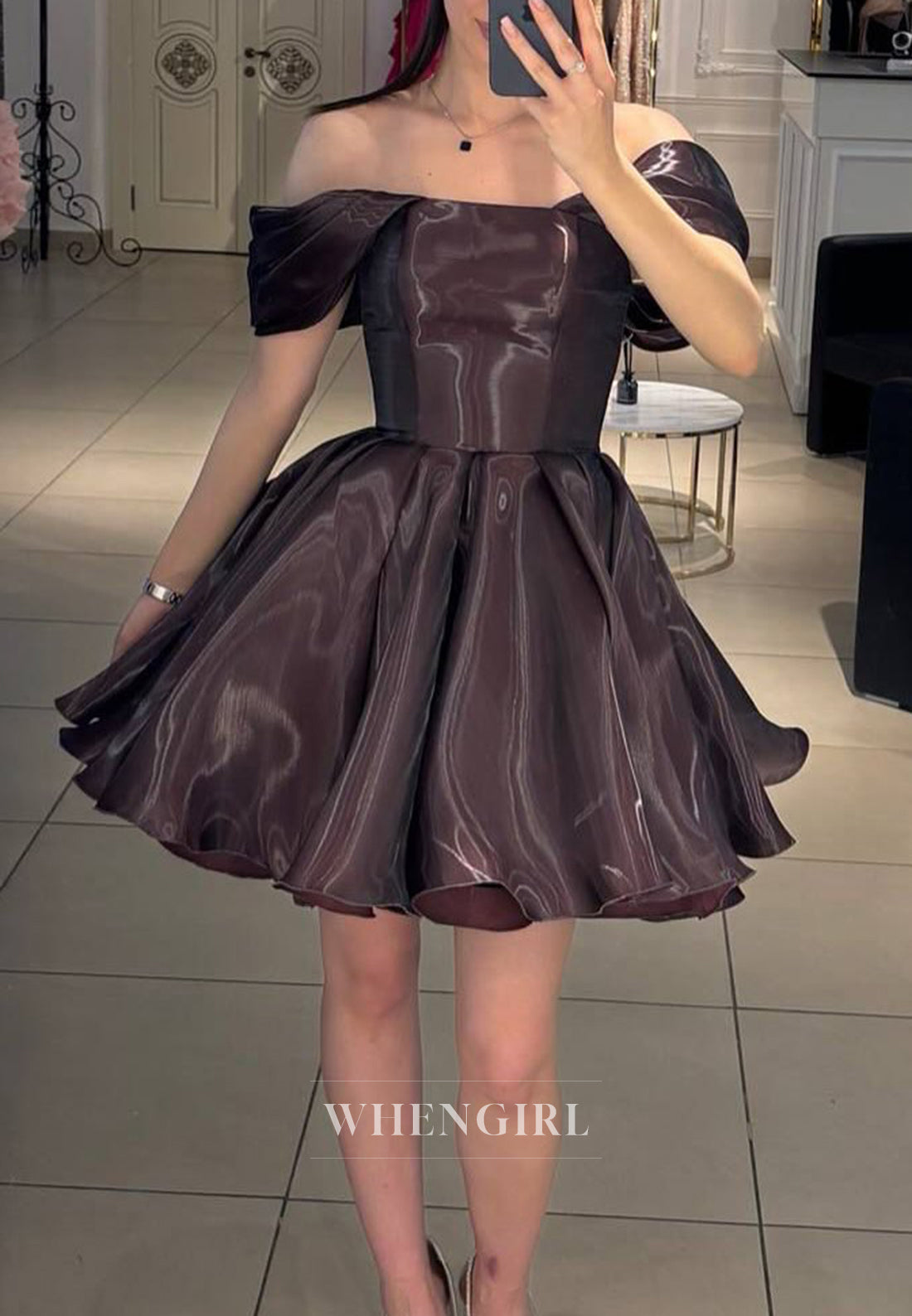 Chocolate Off Shoulder Sleeveless A-Line Short Homecoming Dress