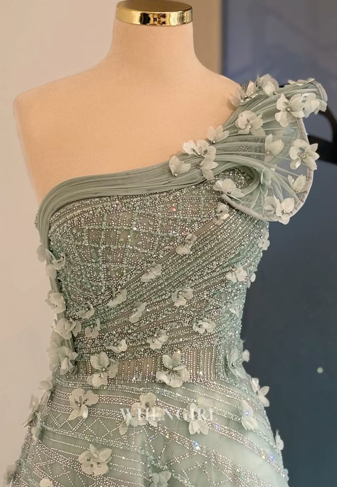 Agave Green One Shoulder Sleeveless Floral Tulle Formal Gown Pleated A-Line Evening Dress