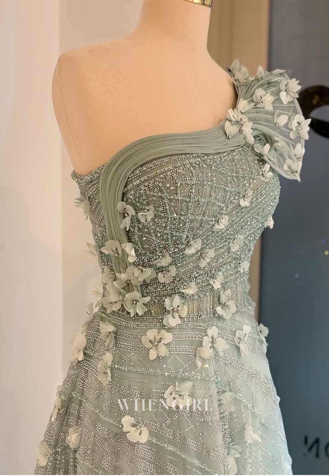 Agave Green One Shoulder Sleeveless Floral Tulle Formal Gown Pleated A-Line Evening Dress