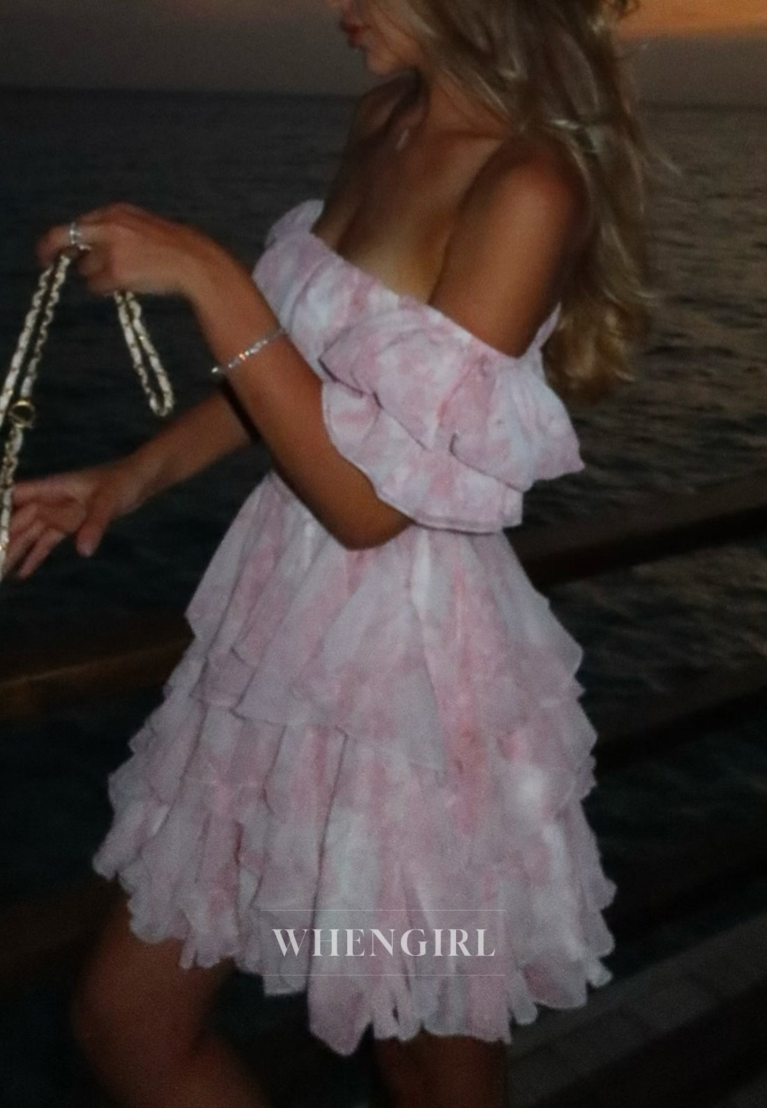 A-Line Ruffles Floral Off Shoulder Tiered Short Homecoming Dress