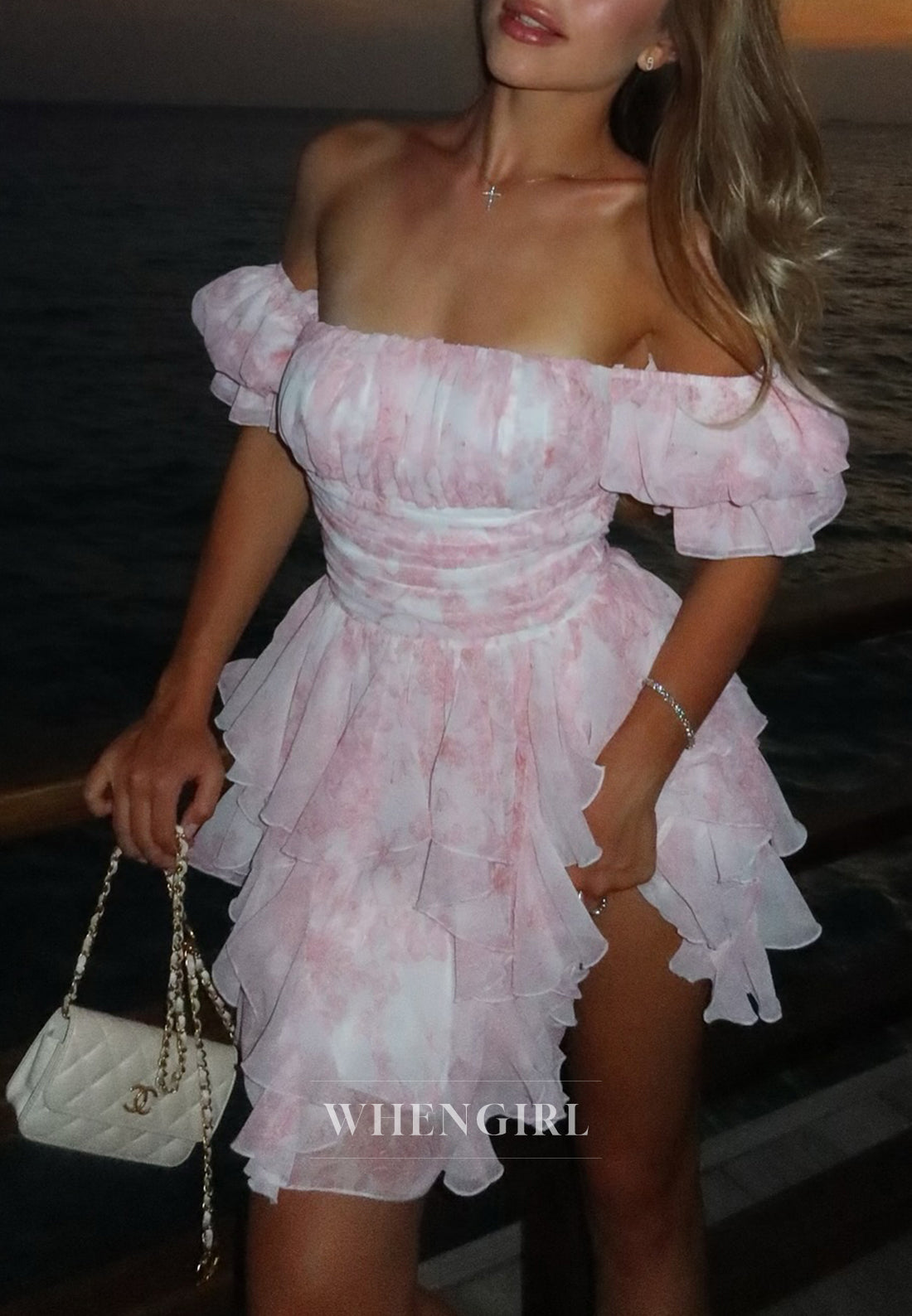 A-Line Ruffles Floral Off Shoulder Tiered Short Homecoming Dress