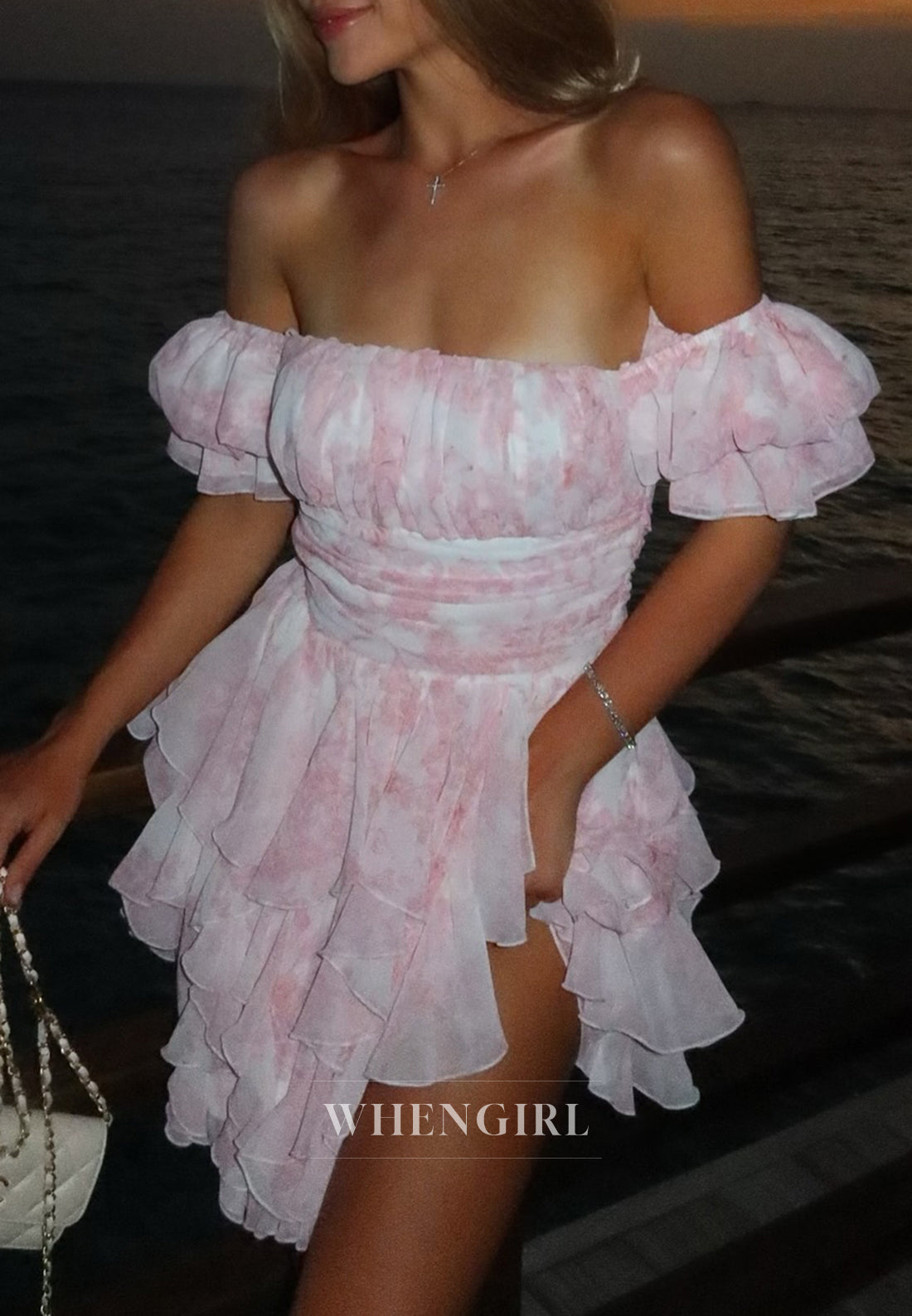 A-Line Ruffles Floral Off Shoulder Tiered Short Homecoming Dress