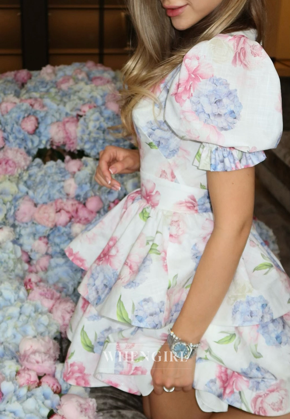 A-Line V Neck Short Puff Sleeves Floral Homecoming Dress