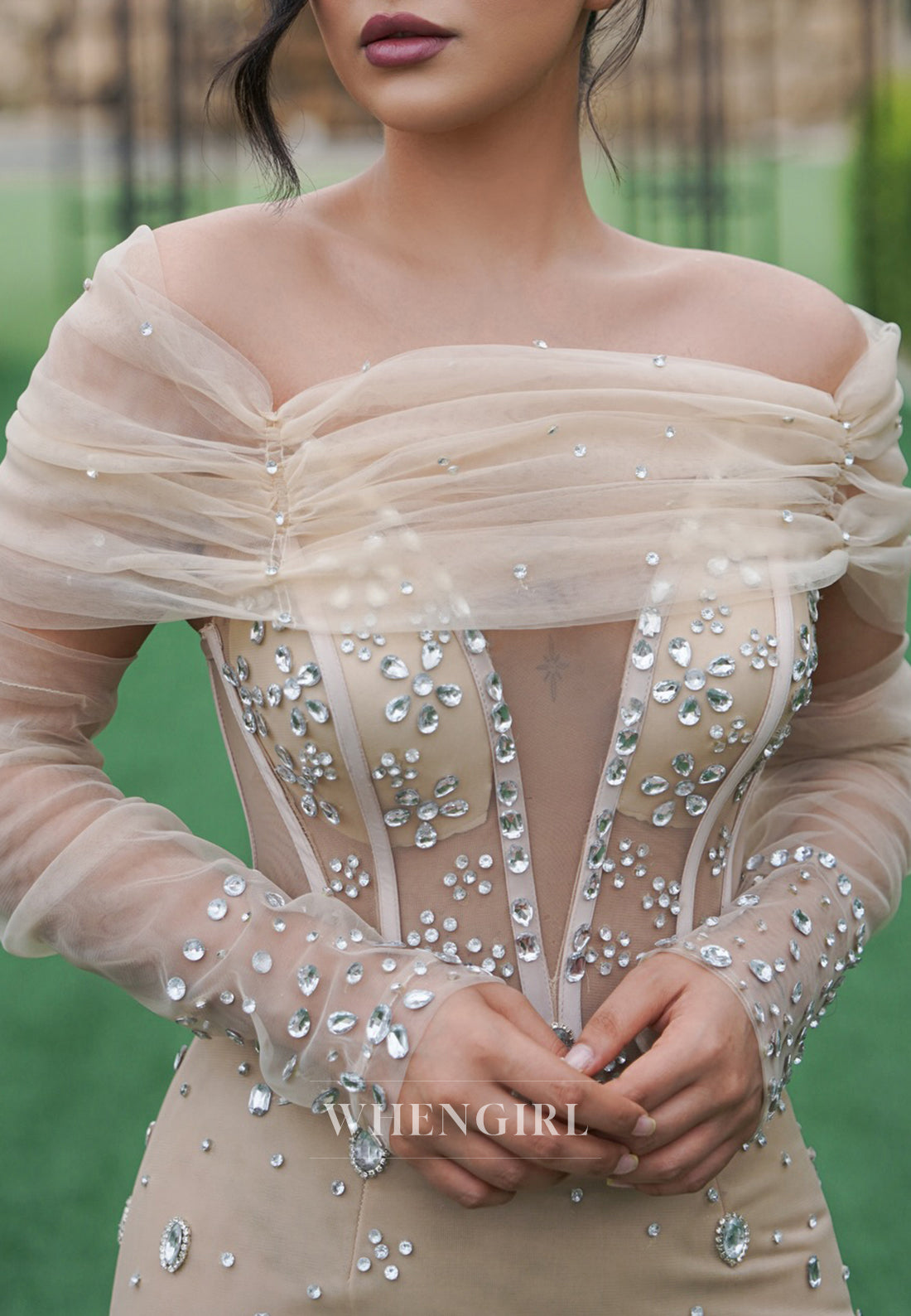 Champagne Off Shoulder Pleated Long Sleeves Rhinestones Beading Tulle Mermaid Wedding Dress