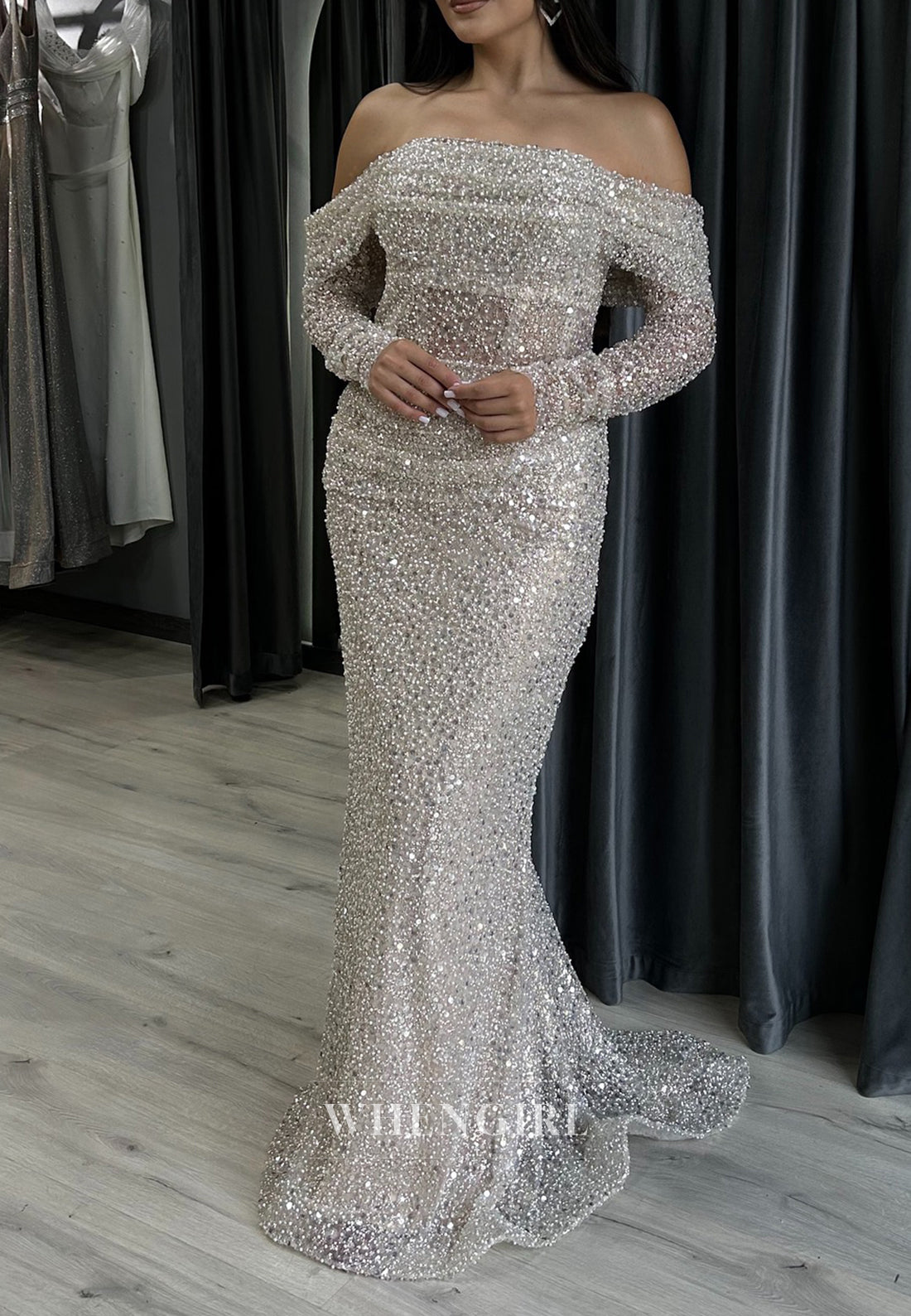 Sheath Off Shoulder Beaded Ruched Lace Up Evening Formal Gwon with Long Sleeves