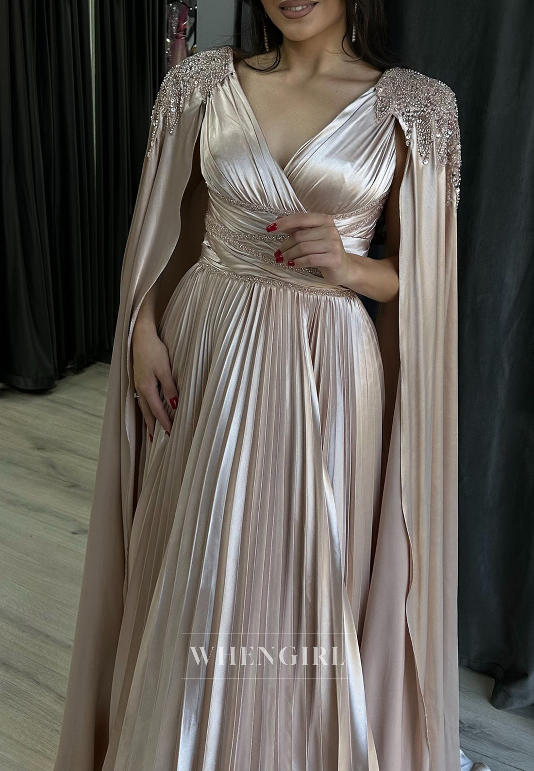 Champagne V Neck Beaded Sweep Train Pleated Back Zipper A-Line Evening Formal Dress