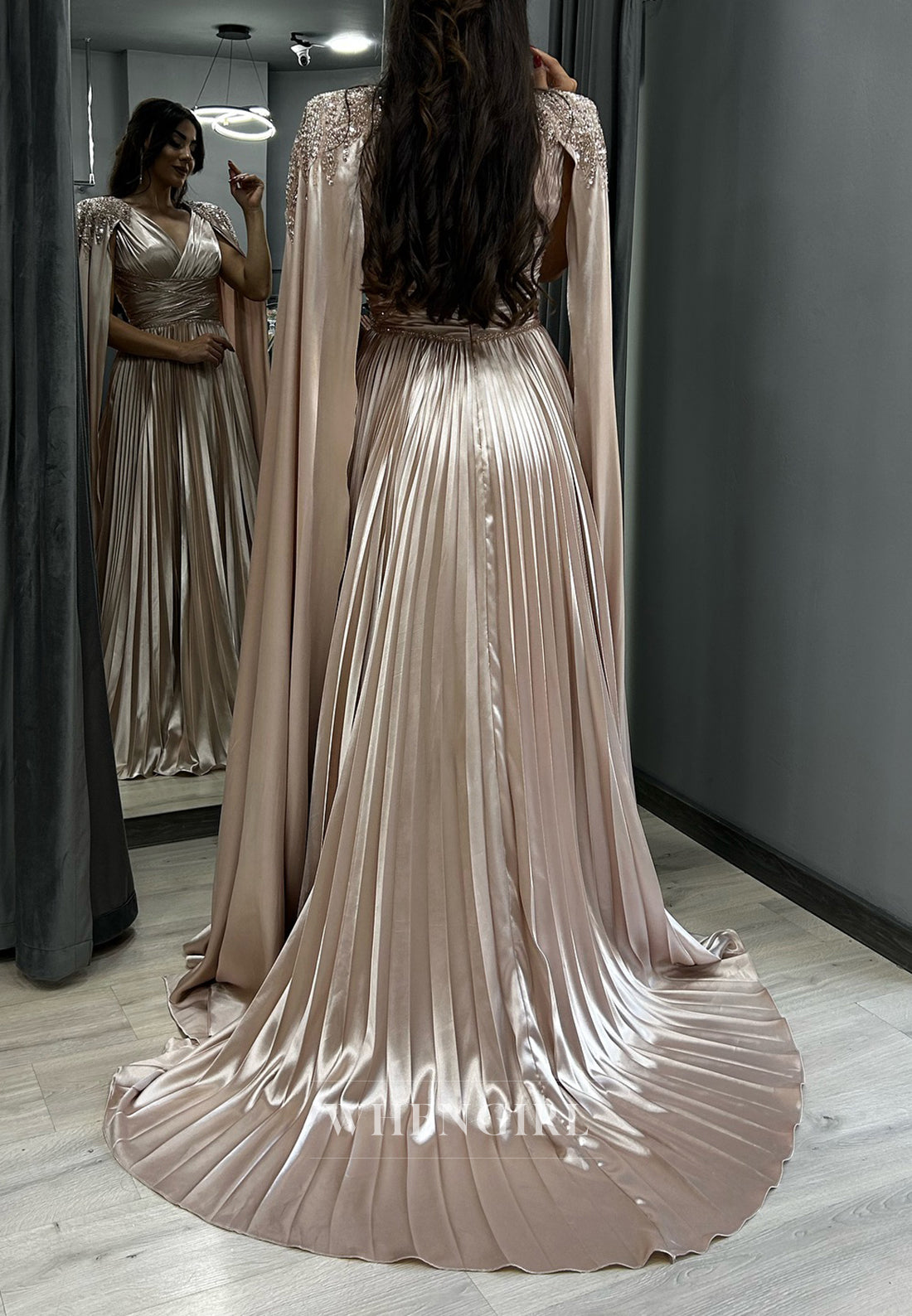 Champagne V Neck Beaded Sweep Train Pleated Back Zipper A-Line Evening Formal Dress
