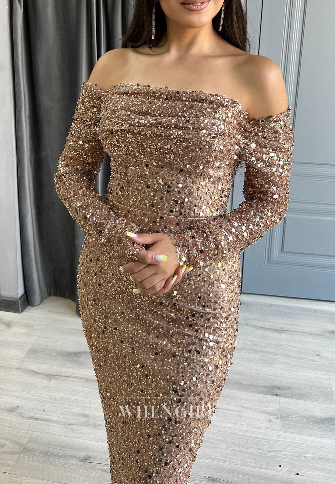 Sheath Off Shoulder Beaded Ruched Lace Up Evening Formal Gwon with Long Sleeves