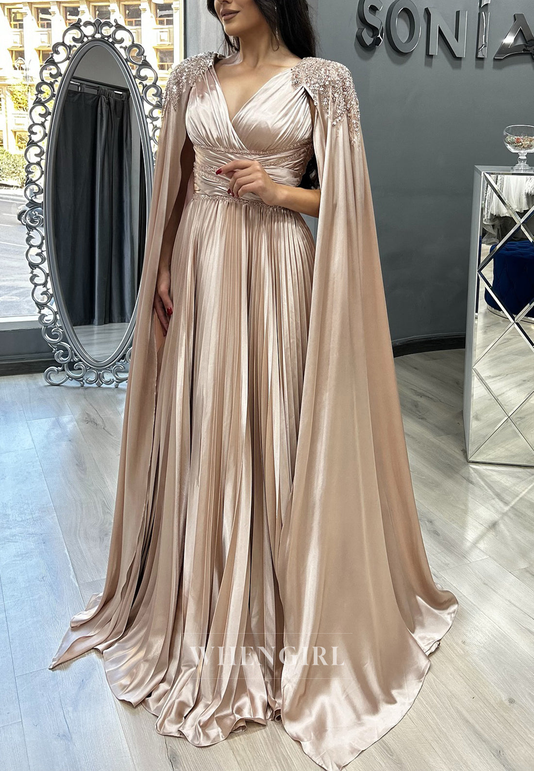 Champagne V Neck Beaded Sweep Train Pleated Back Zipper A-Line Evening Formal Dress