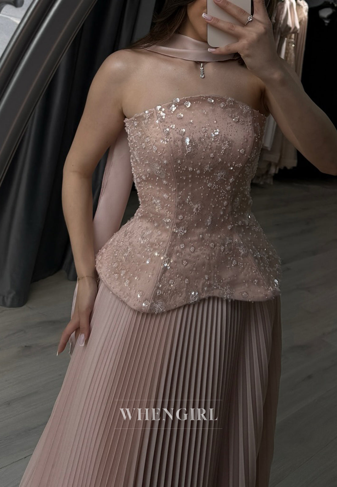 Dusty Pink Off Shoulder Beaded Pleated A-Line Sweep Train Evening Formal Dress with Scarf