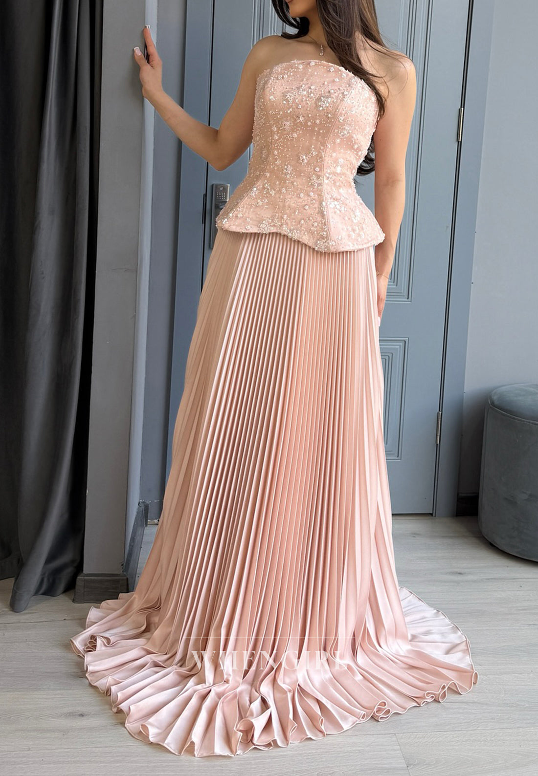 Dusty Pink Off Shoulder Beaded Pleated A-Line Sweep Train Evening Formal Dress with Scarf