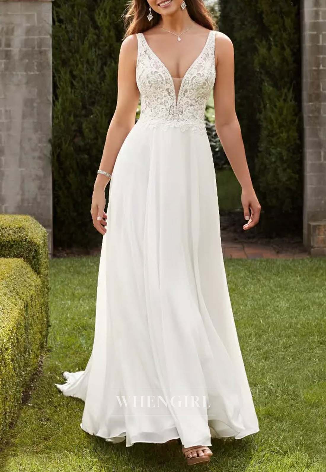 A-Line V Neck Sleeveless Appliqued Lace Side Slit Chiffon Beach Wedding Dress with Court Train