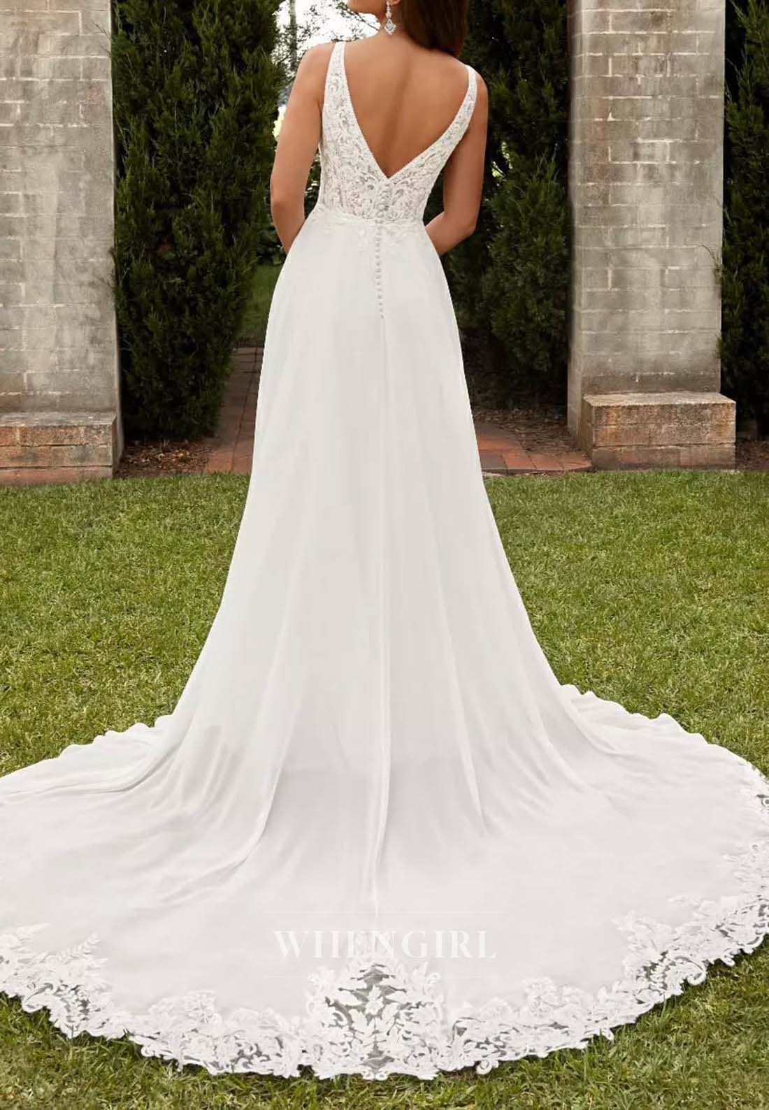A-Line V Neck Sleeveless Appliqued Lace Side Slit Chiffon Beach Wedding Dress with Court Train