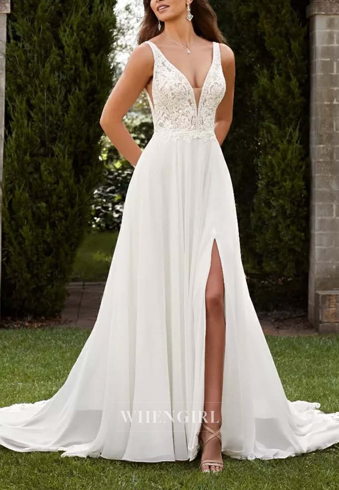 A-Line V Neck Sleeveless Appliqued Lace Side Slit Chiffon Beach Wedding Dress with Court Train
