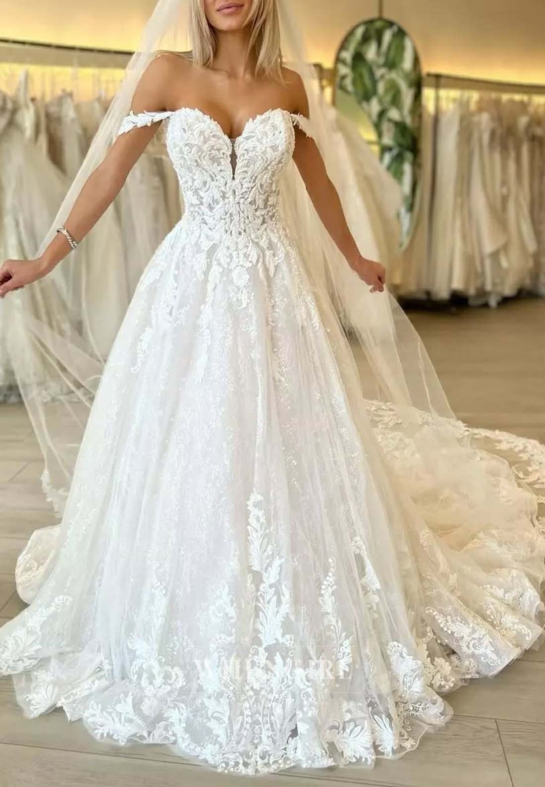 Sweetheart Off Shoulder Court Train Sleeveless Appliqued Lace A-Line Wedding Dress