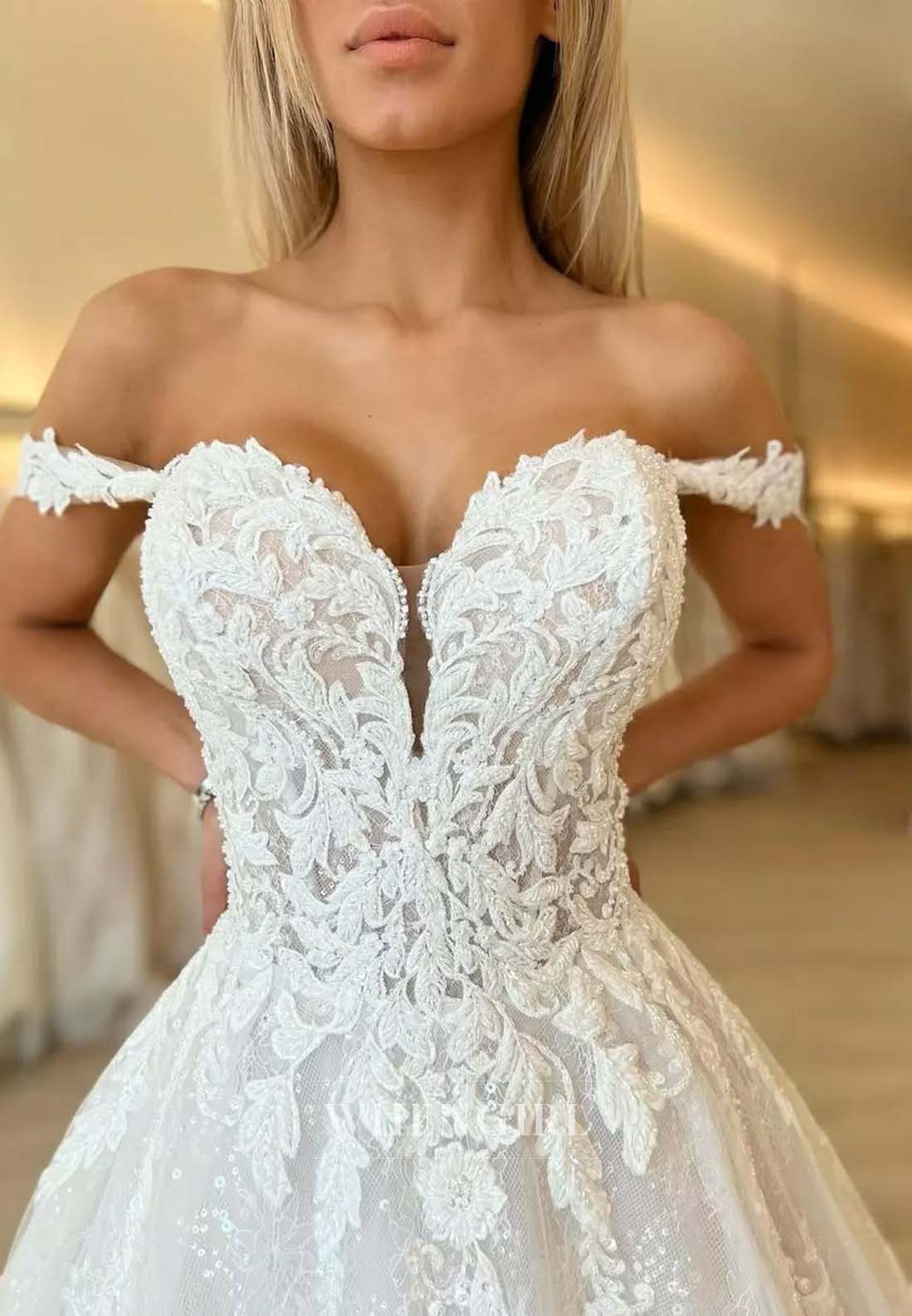 Sweetheart Off Shoulder Court Train Sleeveless Appliqued Lace A-Line Wedding Dress