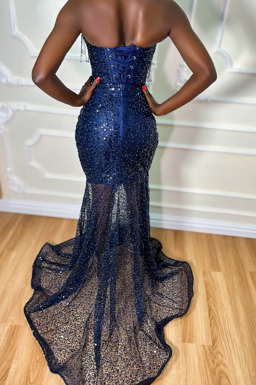 Sparkling Blue V-Neck Strapless Sleeveless Sequins Prom Dresses Mermaid With Lace-Up Back