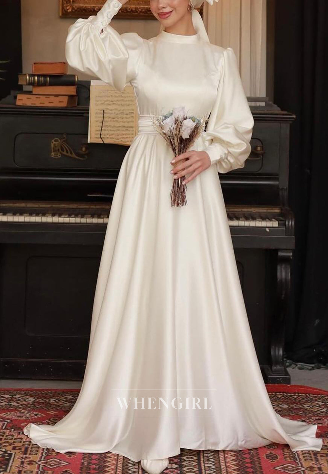 Simple Long Sleeves High Neck A-Line Sweep Train Satin Wedding Dress