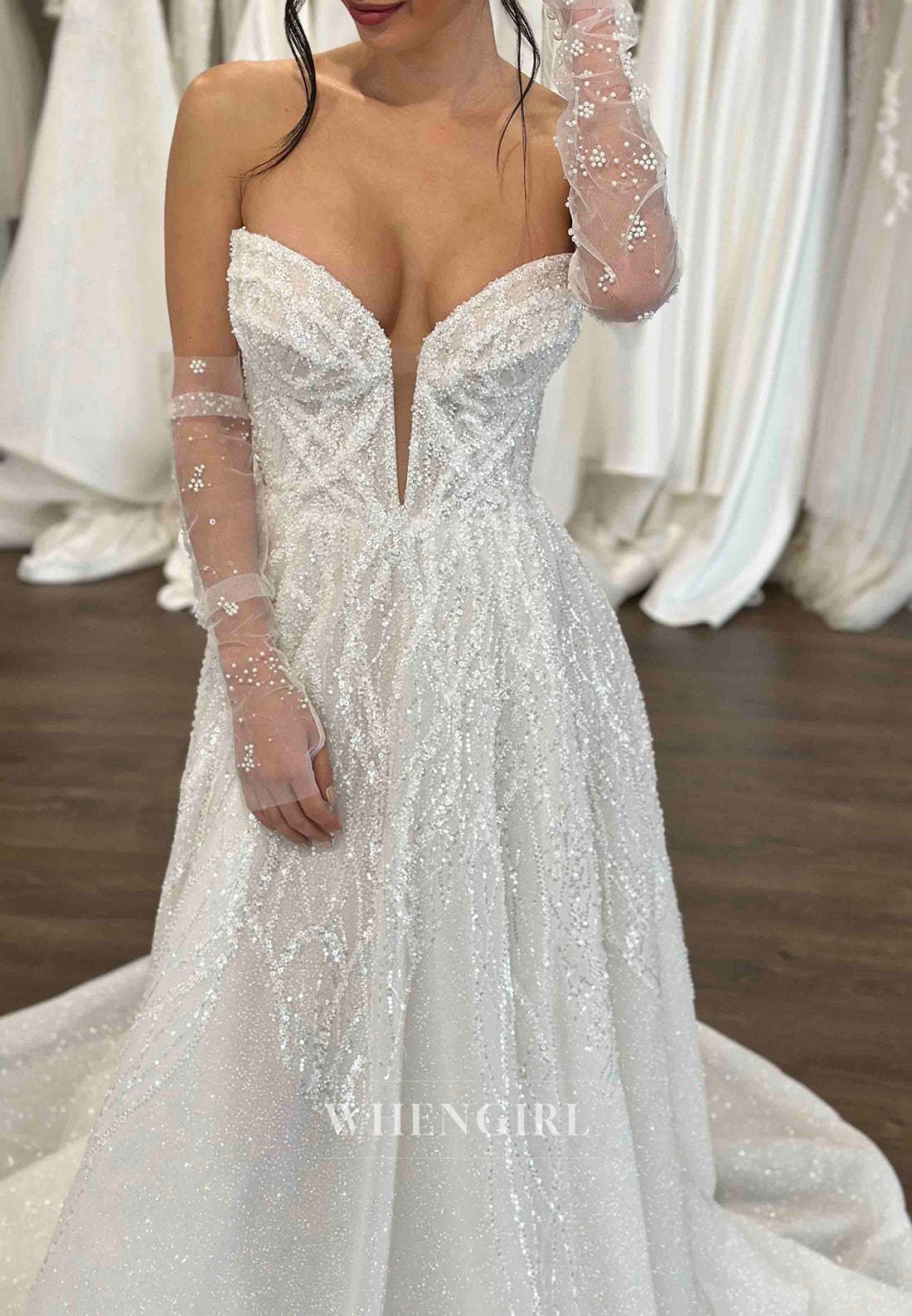 A-Line V Neck Strapless Sleeveless Side Slit Sequins Beading Court Train Wedding Dress