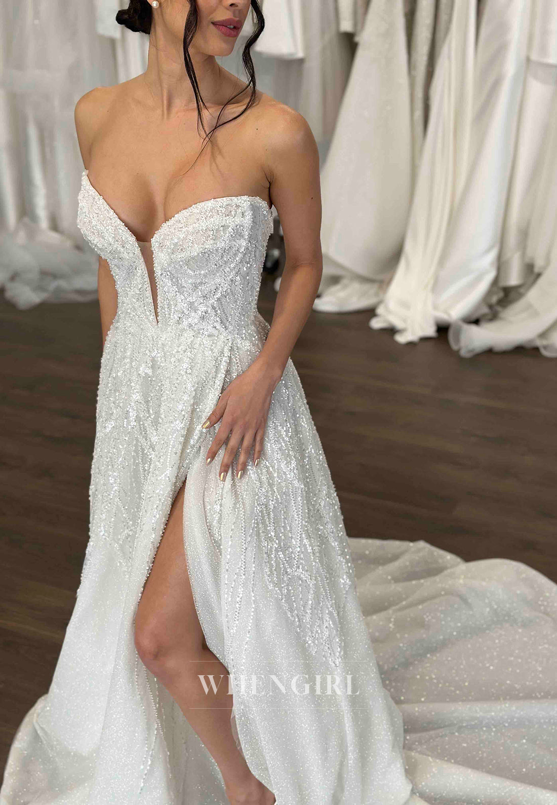 A-Line V Neck Strapless Sleeveless Side Slit Sequins Beading Court Train Wedding Dress