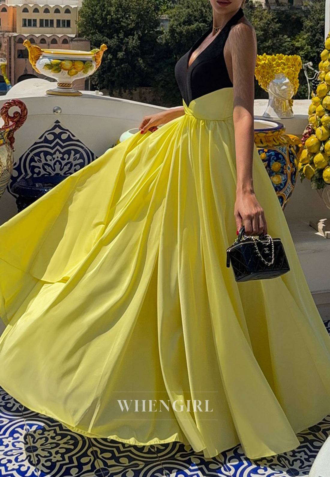 Black and Yellow Halter Sleeveless A-Line Floor Length Evening Formal Dress