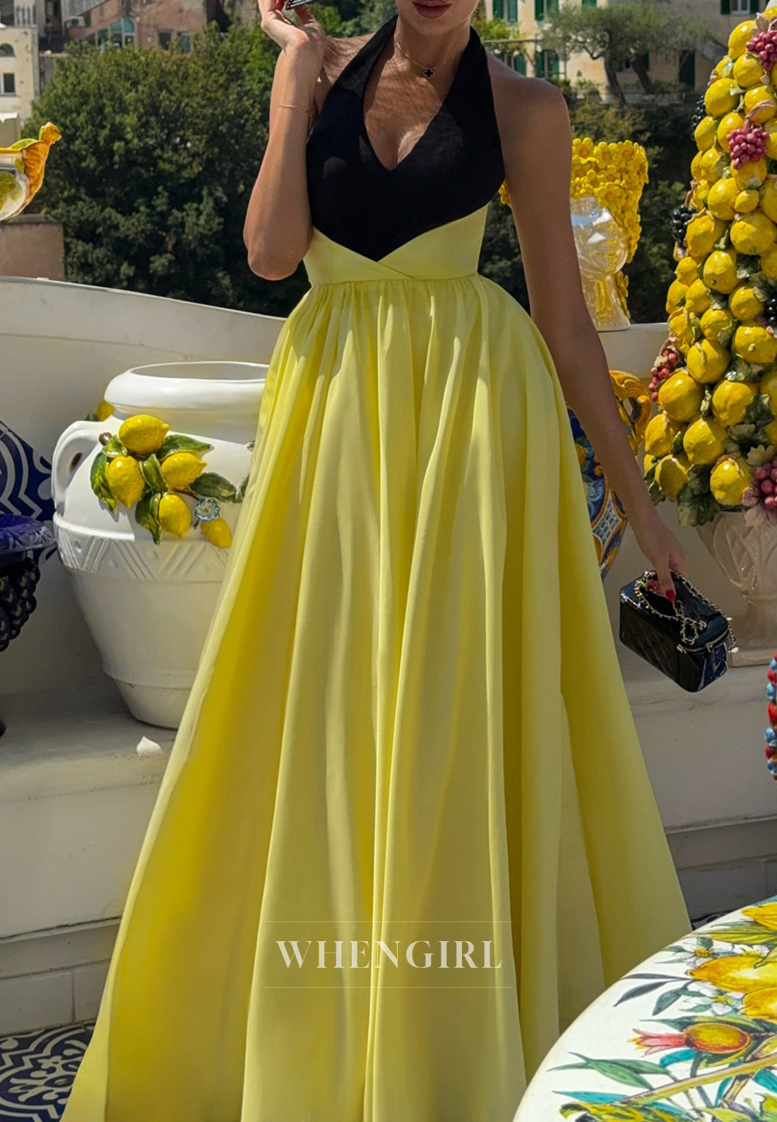 Black and Yellow Halter Sleeveless A-Line Floor Length Evening Formal Dress