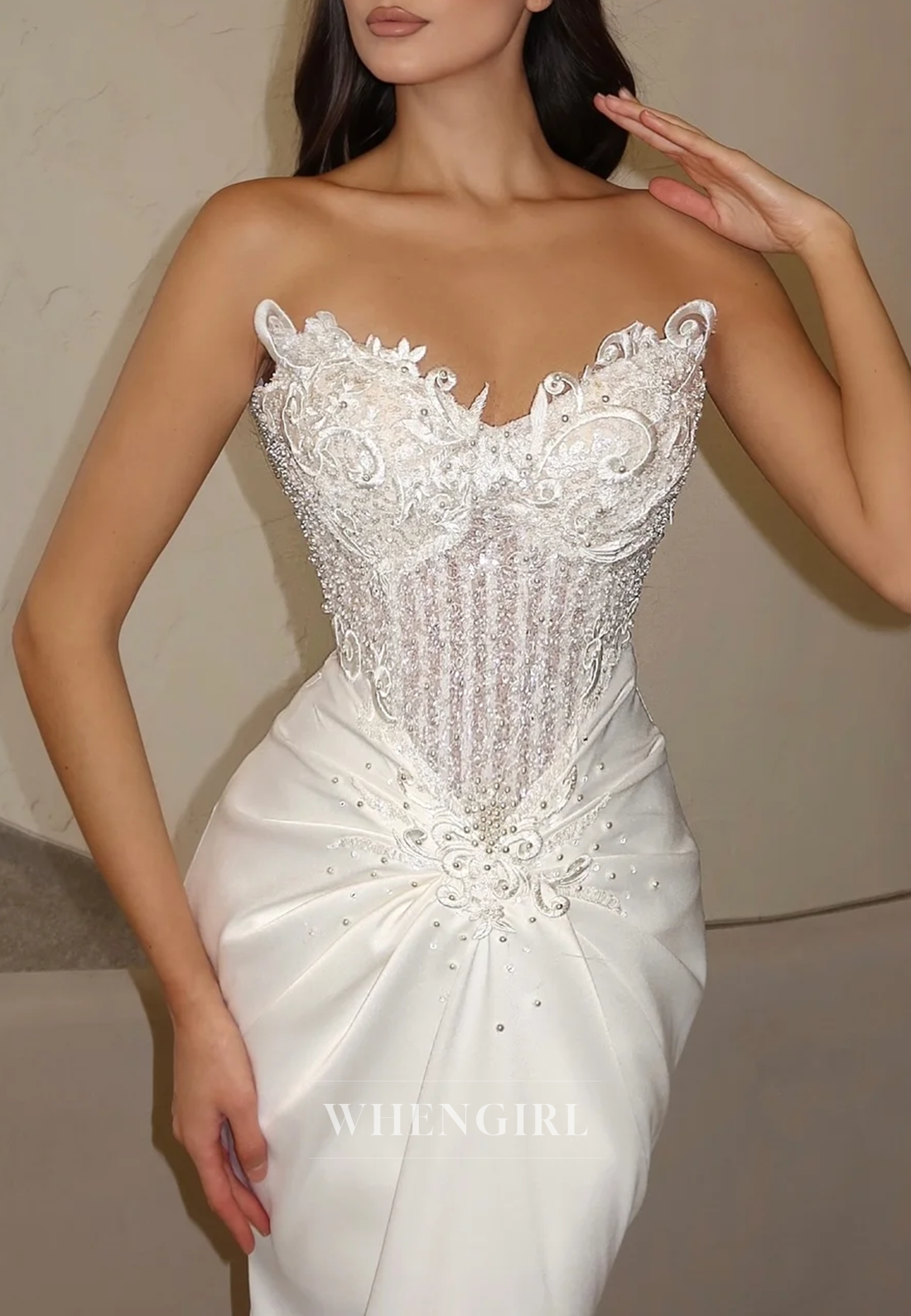 Embroidery Pleated Beading Strapless Mermaid Satin Wedding Dress
