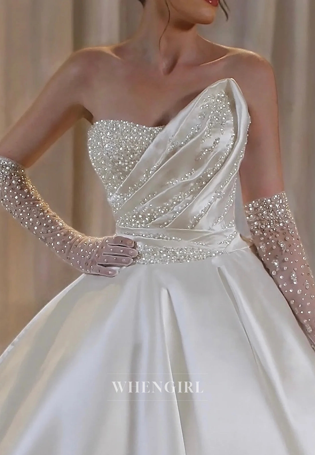 Asymmetrical Neck Pleated A-Line Pearls Satin Wedding Dress with Gloves
