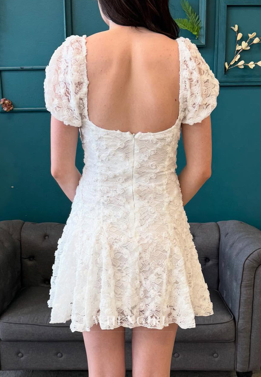 Ivory V Neck Back Zipper Short Puff Sleeves Floral A-Line Short Homecoming Dress