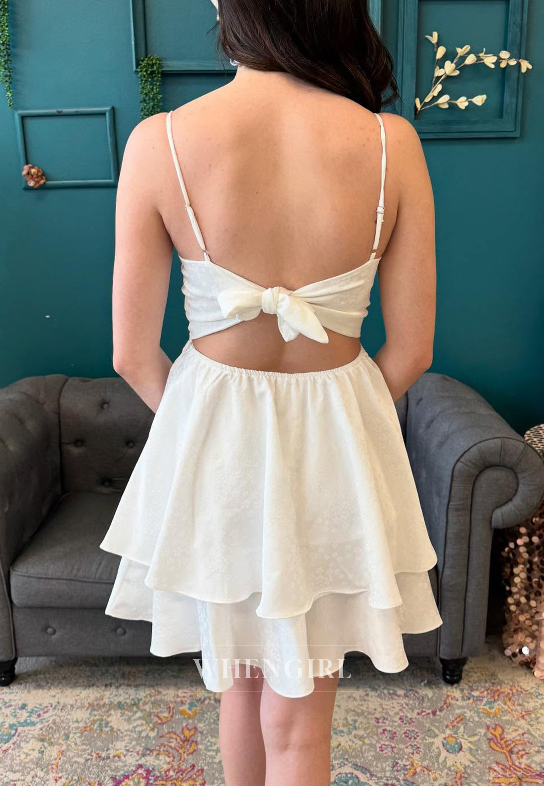 Ivory Bateau Neck Spaghetti Straps Sleeveless Ruffles Short Homecoming Dress