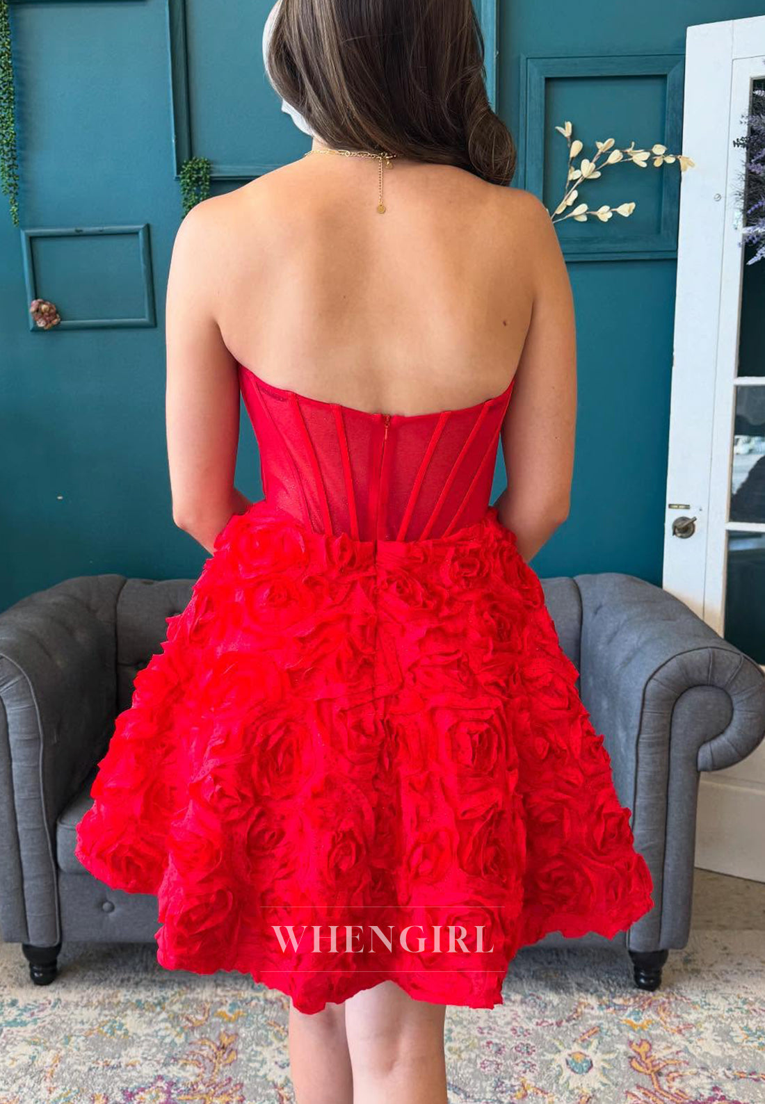 Red A-Line Strapless Sleeveless Floral Back Zipper Short Homecoming Dress