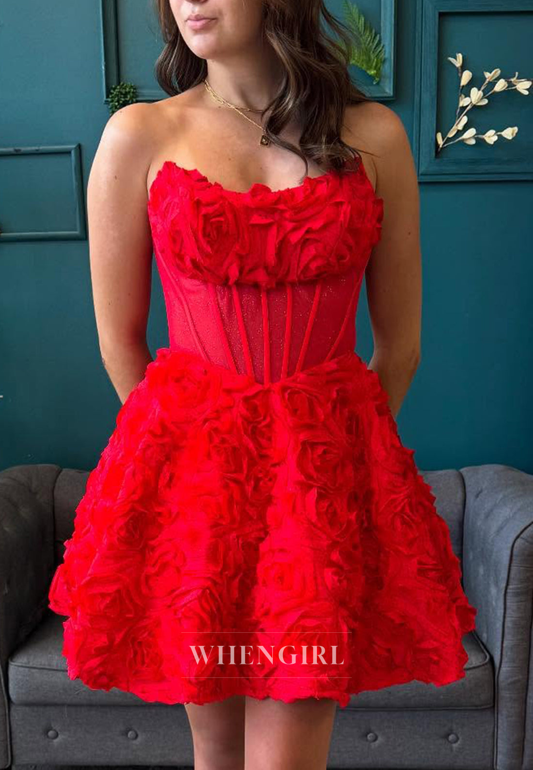 Red A-Line Strapless Sleeveless Floral Back Zipper Short Homecoming Dress