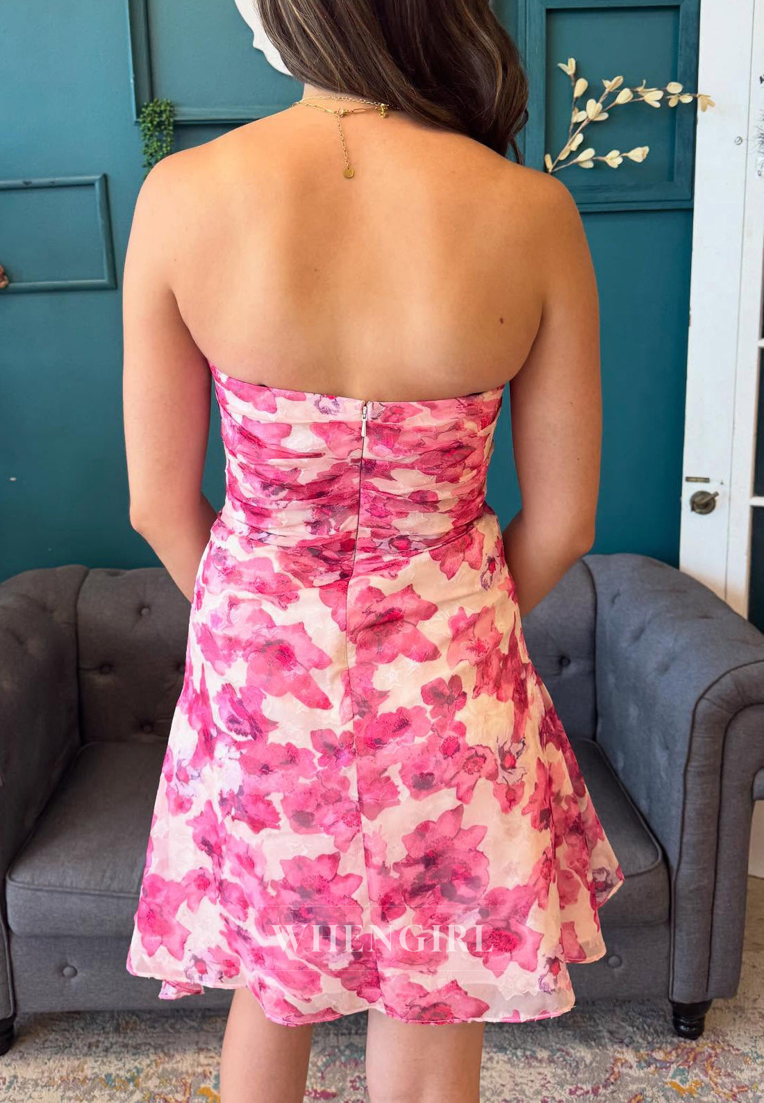 Sheath Printed Strapless Pleated Back Zipper Short Homecoming Dress