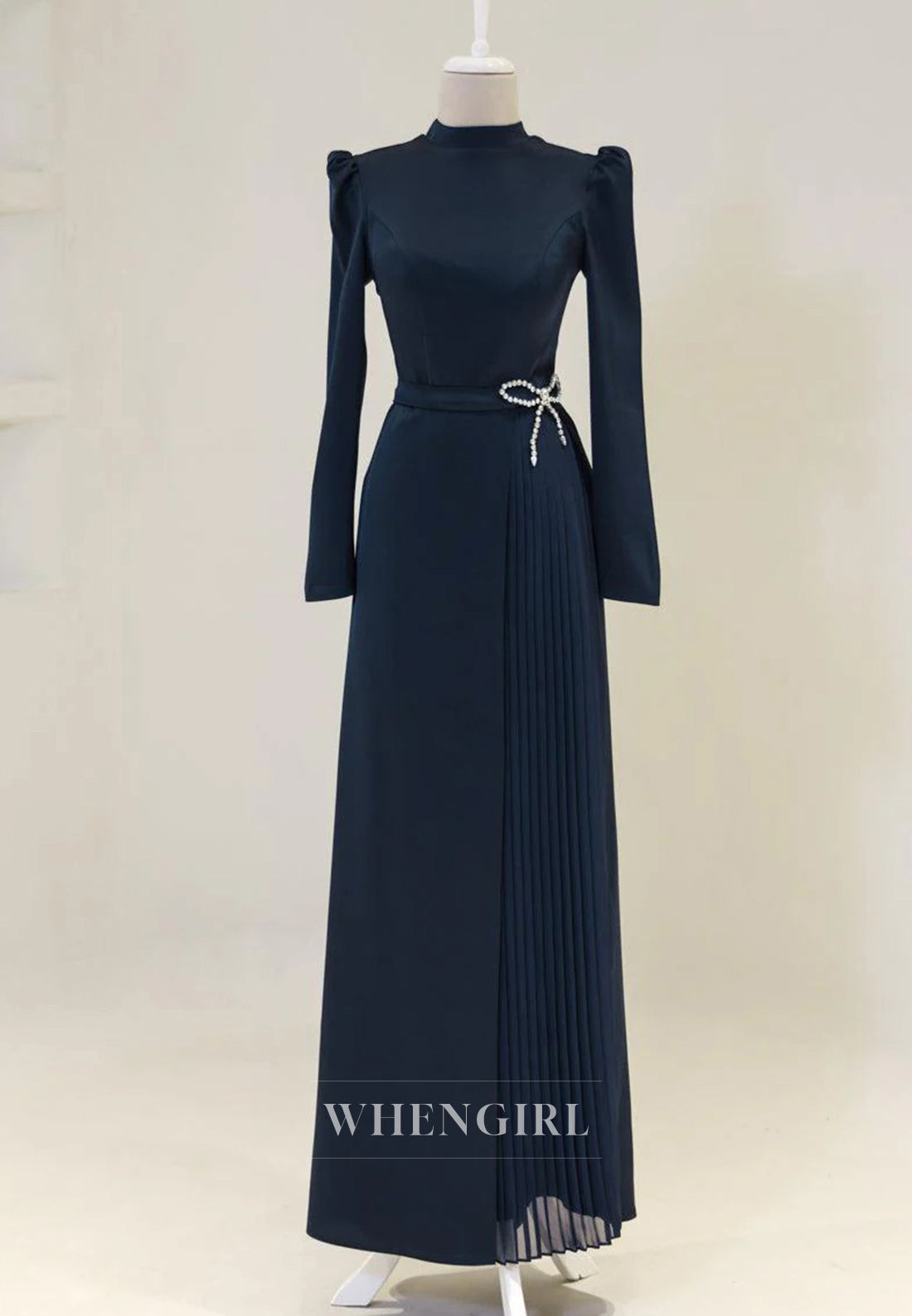 High Neck Long Sleeves Rhinestone Bowknot Pleated Sheath Long Formal Evening Dress