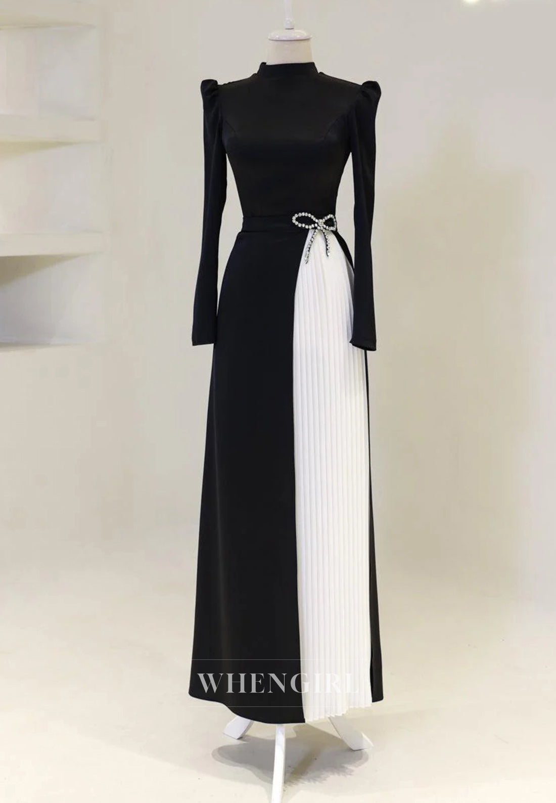 High Neck Long Sleeves Rhinestone Bowknot Pleated Sheath Long Formal Evening Dress
