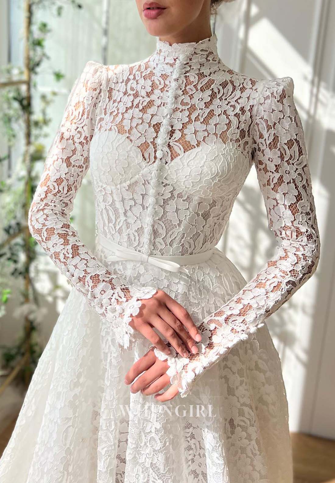 A-Line High Neck Long Sleeves Bowknot Appliqued Lace Long Wedding Dress