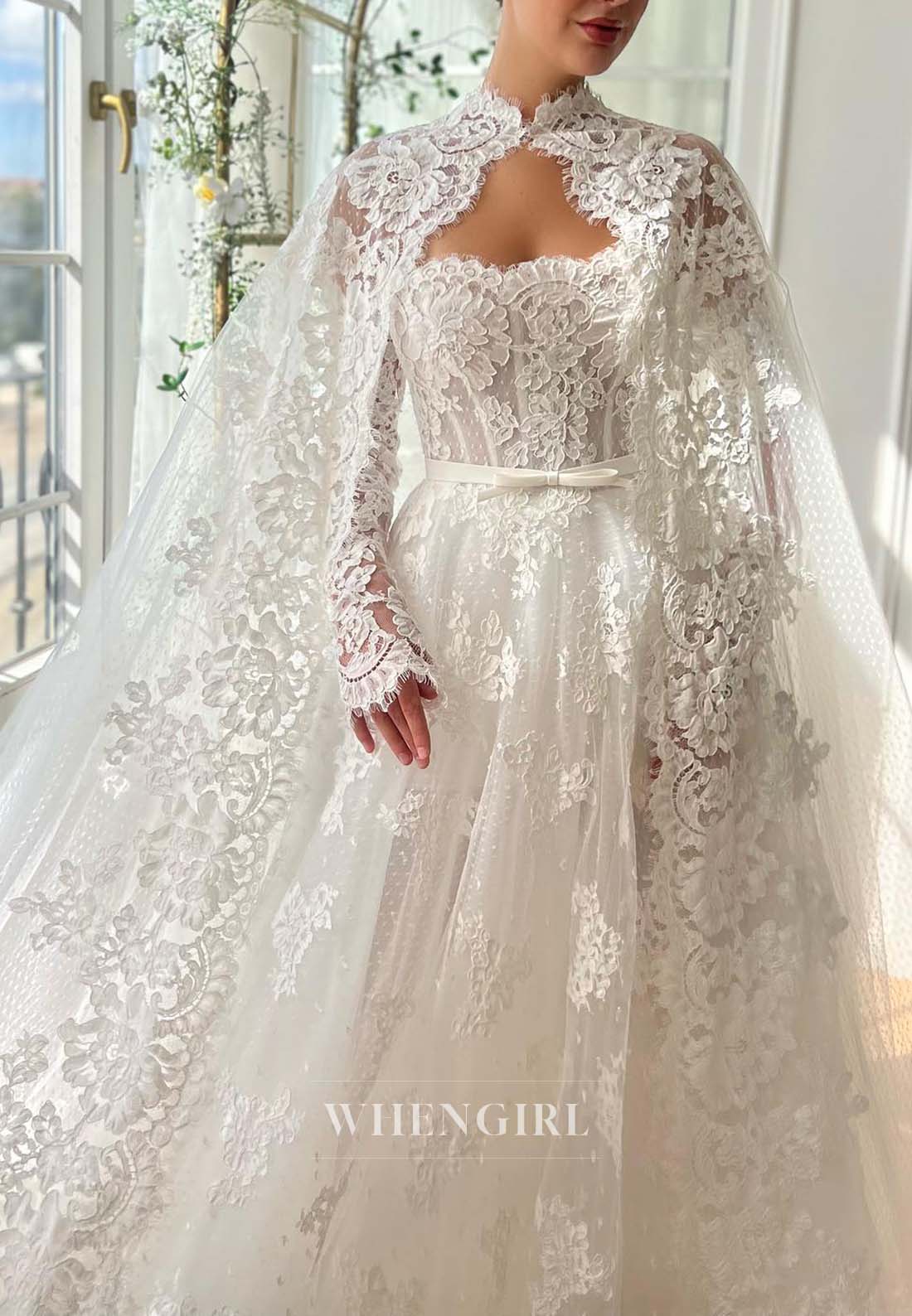 Asymmetrical Neck Long Sleeves A-Line Long Appliqued Lace Wedding Dress with Cape