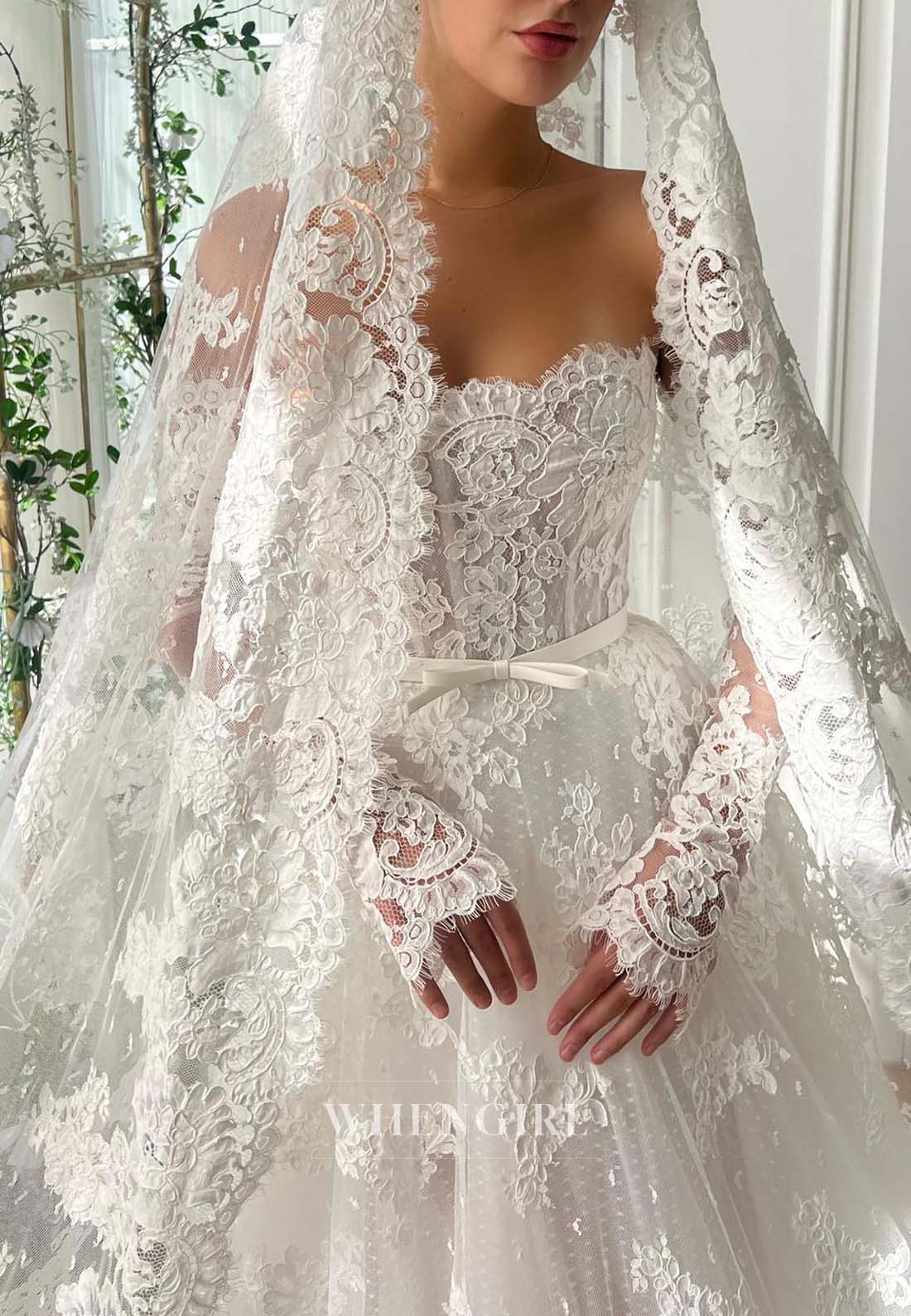 Asymmetrical Neck Long Sleeves A-Line Long Appliqued Lace Wedding Dress with Cape